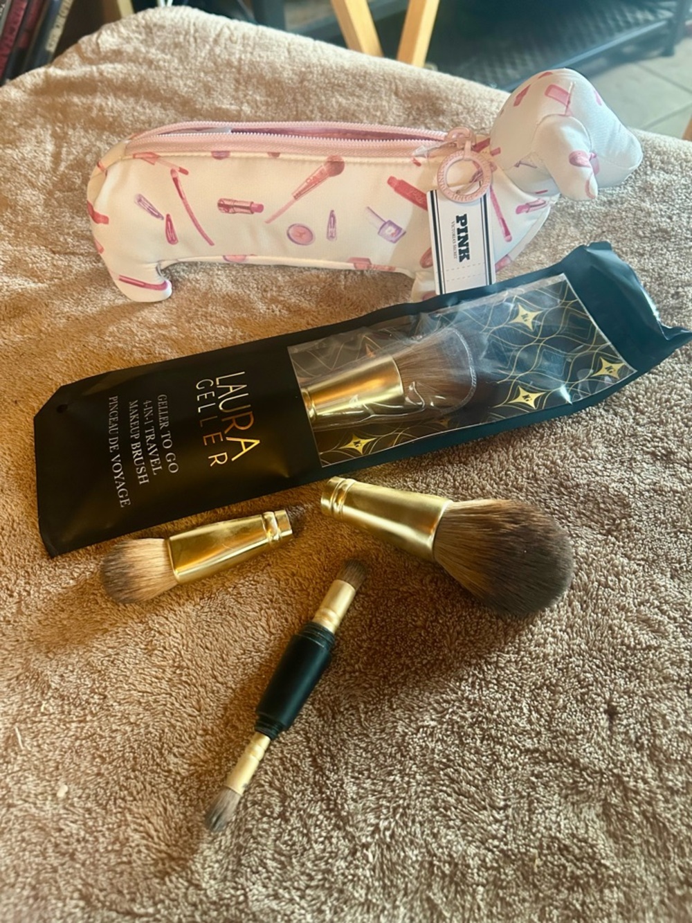 Victoria Secret doggie Makeup Pouch with Laura Geller 4 in 1 Makeup Brush.